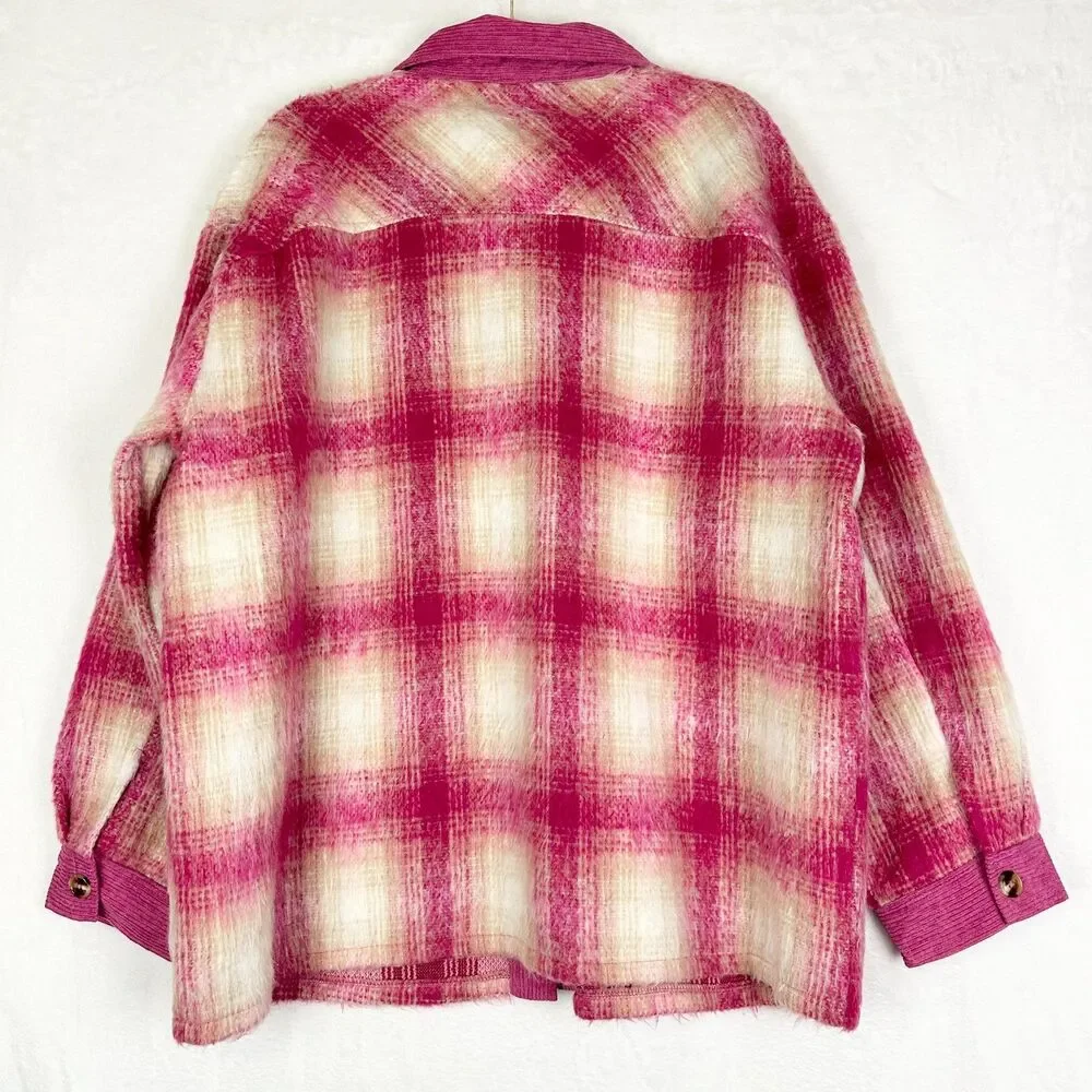 Entro Plaid Shacket Size XL Pink Corduroy Trim Button Front